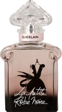 Guerlain La Petite Robe Noire, elegancki flakon perfum z grafiką czarnej sukienki, różowym gradientem i ozdobnym korkiem.