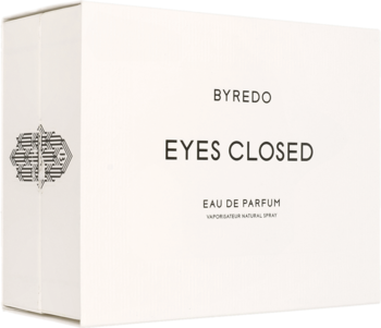 Byredo Eyes Closed Eau de Parfum w białym pudełku z czarnym napisem i ozdobnym emblematem, widok z przodu.