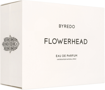 Unisex perfumy Byredo Flowerhead w białym pudełku z czarnymi napisami i ozdobnym logo, widok z przodu.