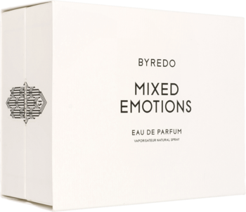 Białe pudełko perfum Byredo Mixed Emotions, z czarnymi napisami i wzorzystym herbem, widok z przodu pod kątem.