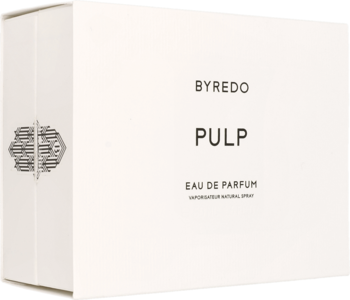 Białe opakowanie wody perfumowanej Byredo Pulp, czarny tekst i wytłaczany wzór, widok z przodu i boku.