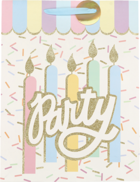 Front torebki prezentowej w pastelowe paski i posypki, z pięcioma świecami i brokatowym napisem "Party".