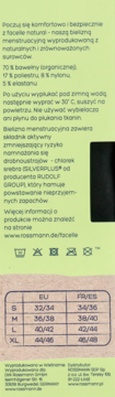 Bok opakowania bielizny menstruacyjnej Facelle. Tekst: skład, pranie, SILVERPLUS. Tabela rozmiarów S-XL.
