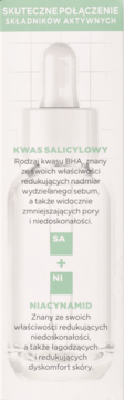 Mixa Mix & Match serum na niedoskonałości w szklanej butelce z pipetą, widok z przodu. Etykieta o składnikach: Kwas Salicylowy i Niacynamid.