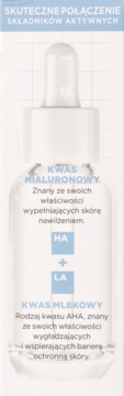 Biała butelka serum Mixa Mix & Match z zakraplaczem, widok z przodu, etykieta z kwasem hialuronowym i mlekowym.