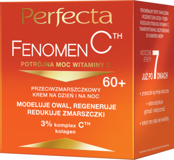Perfecta Fenomen C 60+ krem przeciwzmarszczkowy z witaminą C i kolagenem, pomarańczowe opakowanie, przód.