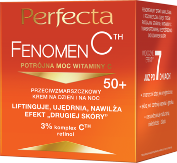 Perfecta Fenomen C 50+ krem przeciwzmarszczkowy z witaminą C i retinolem, w pomarańczowym opakowaniu.