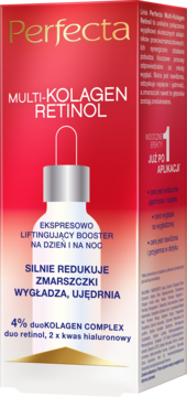 Perfecta Multi-Kolagen Retinol liftingujący booster w czerwono-złotym opakowaniu, widok z przodu z butelką z zakraplaczem.