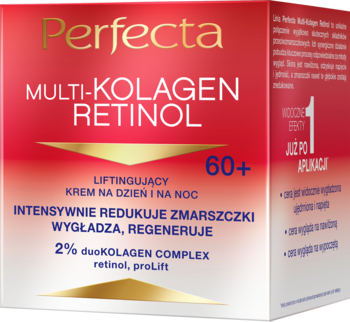Czerwony krem Perfecta Multi-Kolagen Retinol 60+ do twarzy, liftingujący na dzień/noc, widok z przodu.
