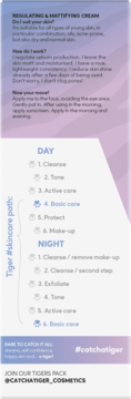 Vertical label for Tiger Regulating & Mattifying Cream, detailing skincare routine for day and night.