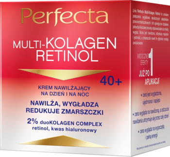 Czerwone pudełko Perfecta Multi-Kolagen Retinol 40+, krem nawilżający i redukujący zmarszczki, widok z przodu.