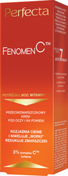Perfecta Fenomen C krem przeciwzmarszczkowy pod oczy, czerwone pudełko z białymi i złotymi napisami, widok z przodu.