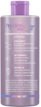 Fioletowa woda micelarna Hydra Barrier Supreme z ceramidami i witaminą E, widok z przodu opakowania.