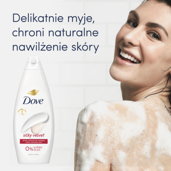 Butelka Dove Silky Velvet żelu pod prysznic 0% SLES, kobieta z pianą pod prysznicem na białym tle.