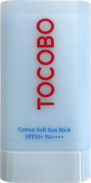 Biały sztyft przeciwsłoneczny Tocobo Cotton Soft Sun Stick, z pionowym czerwonym logo, widok z przodu.