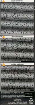 Tył czarnego opakowania tonera L'Oréal Préférence Platinium Ice. Biały tekst z ostrzeżeniami i listą składników.