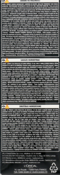 Tył czarnego opakowania tonera L'Oréal Préférence 02 Pearly Boost z drobnym białym tekstem instrukcji i ostrzeżeń.