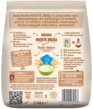 Tył opakowania ryżowego kleiku Nestlé PROSTE ZBOŻA, z informacjami o składnikach i wadze 144g.