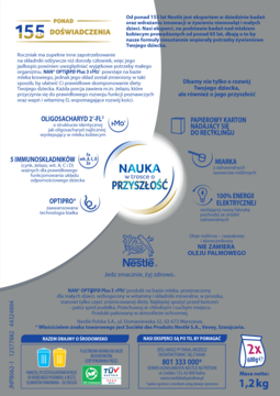Tył opakowania mleka NAN OPTIpro Plus 3 HMO, biało-niebieskie, z licznymi opisami składu i benefitów.