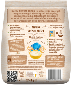 Tył beżowego opakowania kaszki Nestle Proste Zboża ryżowo-kukurydzianej, z miseczką, niebieskim misiem i informacjami.