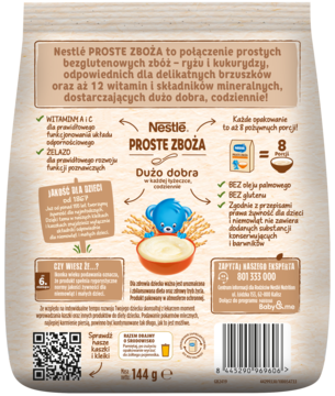 Tył opakowania kaszki Nestle Proste Zboża ryżowo-kukurydzianej, z informacjami o składnikach i porcjach (8 porcji).