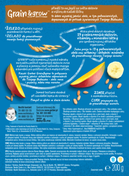 Gerber Grain & Grow kaszka banan-mango, tył niebieskiego opakowania z polskim tekstem i owocami.