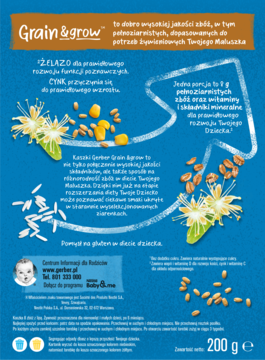 Informacyjny panel kaszki Gerber Grain & grow. Niebieskie tło, ilustracje zbóż, korzyści żelaza i cynku.