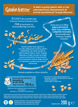 Tył opakowania kaszki Gerber Grain & grow na niebieskim tle, z infografiką zbóż i tekstami o składnikach.