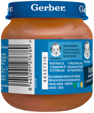 Tył słoiczka Gerber z pastą warzywną z batatem, widoczne dane producenta i kod kreskowy produktu.