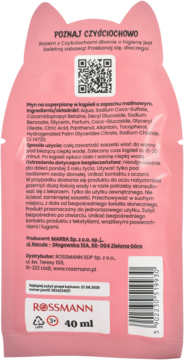 Tył różowego, kociego opakowania płynu do kąpieli Rossmann Czyściochowo o zapachu malinowym, 40ml.
