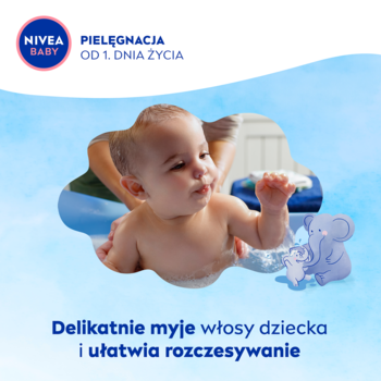 NIVEA BABY Szampon, promocyjna grafika z kąpielą dziecka i napisem: delikatnie myje i ułatwia rozczesywanie.