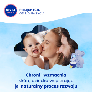 NIVEA BABY: Uśmiechnięte niemowlę z rodzicami, promujące ochronę i wzmocnienie skóry dziecka od 1. dnia życia.