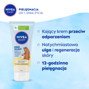 NIVEA BABY Kojący krem przeciw odparzeniom, biała tubka z rysunkiem niedźwiedzia, na błękitnym tle.