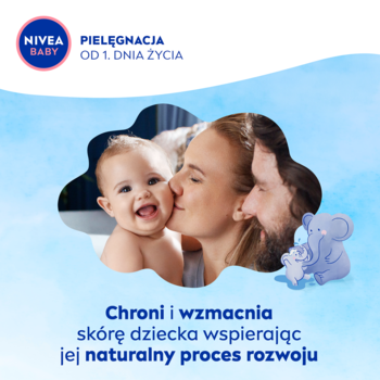 NIVEA BABY: Rodzice z dzieckiem, logo i tekst 'Pielęgnacja od 1. dnia życia' o ochronie skóry dziecka.