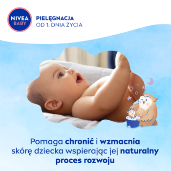 NIVEA BABY: leżące niemowlę z sową, błękitne tło, pielęgnacja skóry od 1. dnia życia, wspiera rozwój.
