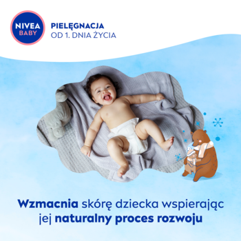 NIVEA BABY krem ochronny: Uśmiechnięte niemowlę na kocu, wspiera skórę od 1 dnia życia, na zimowym tle.
