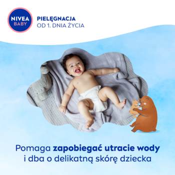 NIVEA BABY Krem Pielęgnacyjny: Uśmiechnięte niemowlę na kocu, promuje ochronę delikatnej skóry dziecka przed utratą wody.