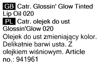 Część etykiety z Catrice Glossin' Glow Tinted Lip Oil 020. Tekst po angielsku i polsku na białym tle.