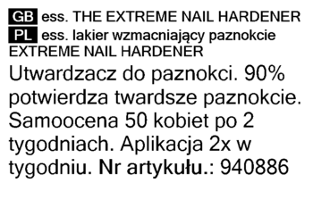 Etykieta Extreme Nail Hardener z polskim i angielskim opisem. Wzmacnia i utwardza paznokcie, 90% potwierdza.