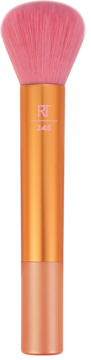 Różowy pędzel Real Techniques Glow Off Multitasking Brush 245 z pomarańczową rączką, widok z przodu.