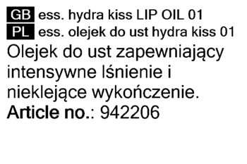 Zbliżenie na etykietę olejku do ust Essence Hydra Kiss 01, obiecującego intensywny blask i brak lepkości.