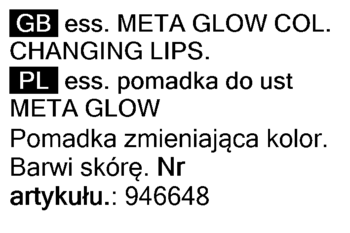 Etykieta pomadki Essence Meta Glow z efektem zmiany koloru i holo drobinkami, napisy GB i PL.