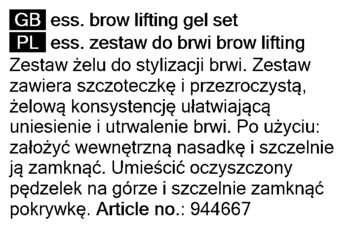 Tekst informacyjny zestawu Ess. Brow Lifting Gel w językach angielskim i polskim.