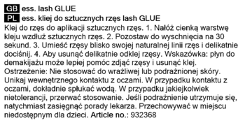 Biała etykieta z czarnym tekstem, instrukcje użycia i ostrzeżenia dla kleju do rzęs Essence lash GLUE w PL/GB.