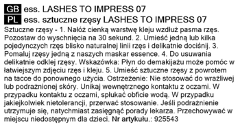 Etykieta Essence Lashes to Impress 07 z instrukcją użycia sztucznych rzęs w języku polskim i angielskim.