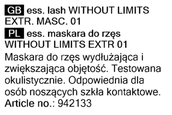 Etykieta Essence Lash Without Limits Extr 01, czarnej maskary wydłużającej i pogrubiającej rzęsy.
