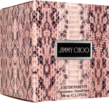 Kartonowe pudełko perfum Jimmy Choo, 100ml, w brązowo-różowy wzór skóry węża. Widoczna etykieta z nazwą.