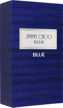 Ciemnoniebieskie pudełko Jimmy Choo Man Blue EDT z fakturą, widok z przodu i boku, srebrna etykieta.