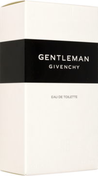 Białe, prostokątne pudełko perfum Givenchy Gentleman Eau de Toilette z czarnym pasem i logo, widok frontalny.