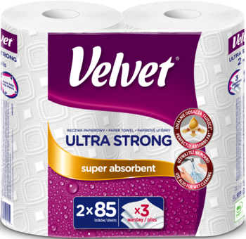Ręcznik papierowy Velvet Ultra Strong, 2 rolki, biały, super chłonny, opakowanie fioletowo-złote, widok z przodu.